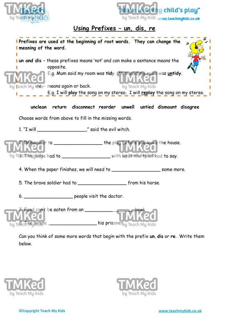 Worksheets for kids - using-prefixes-un-dis-re