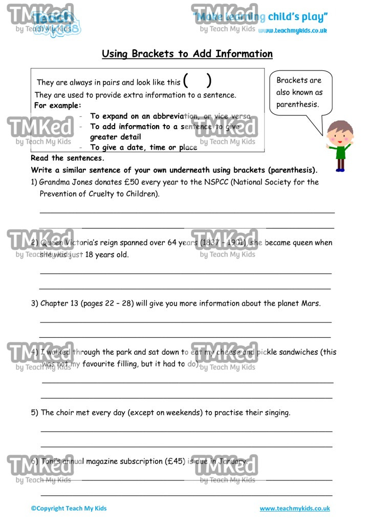 Worksheets for kids - using_brackets_to_add_information_2