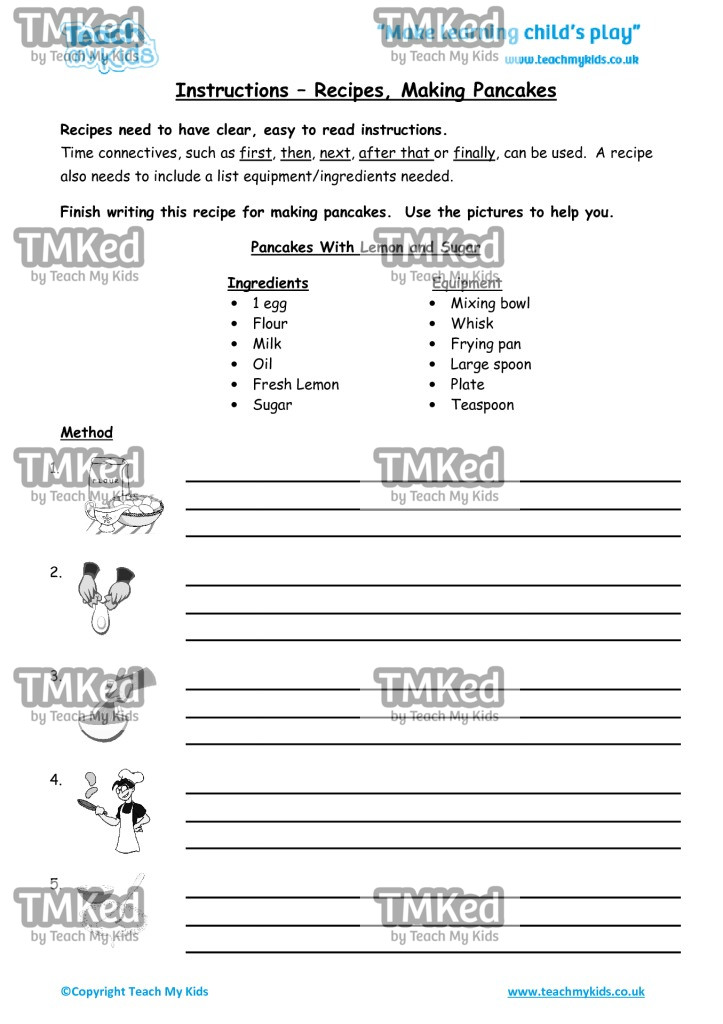 Worksheets for kids - instructions-recipe-making-pancakes