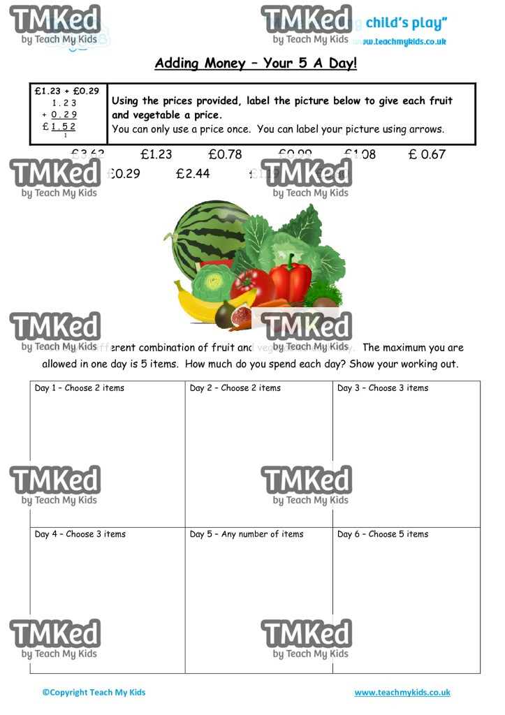 Worksheets for kids - adding_money_-_your_5_a_day