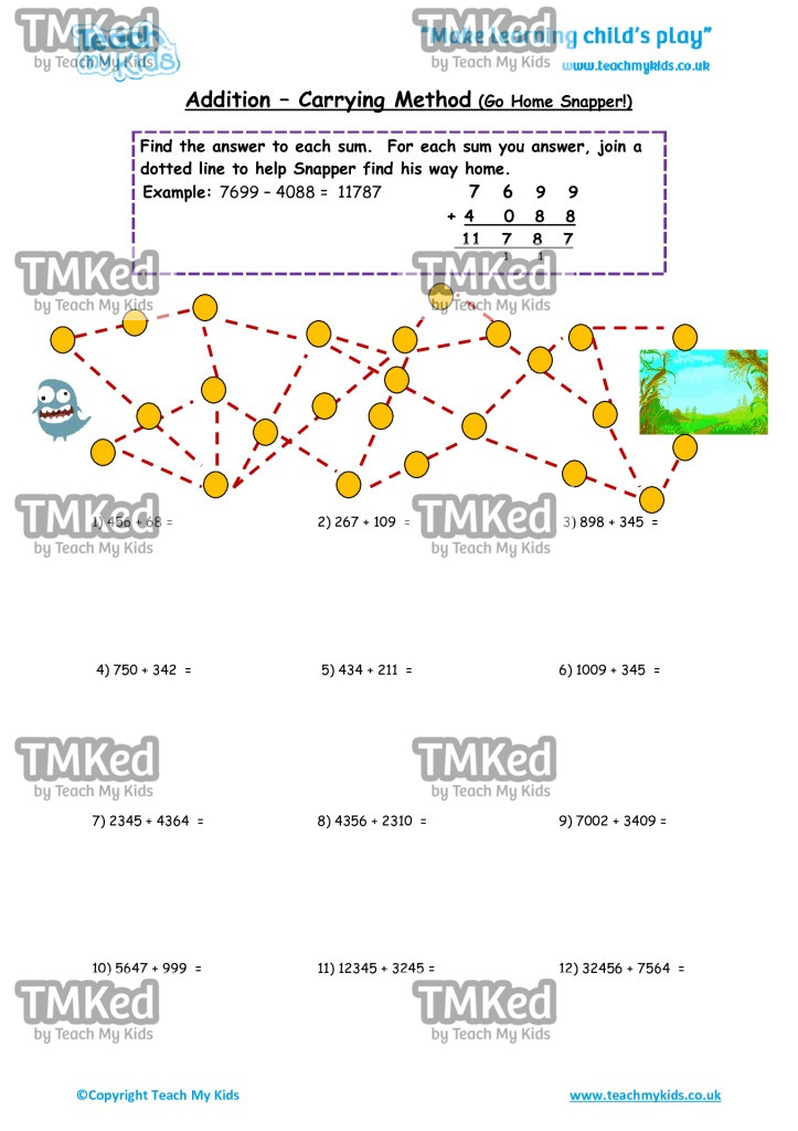 Worksheets for kids - addition-carrying_method__go_home_snapper_