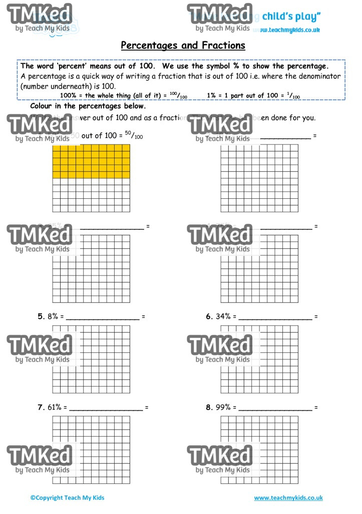 Worksheets for kids - percentages-and-fractions