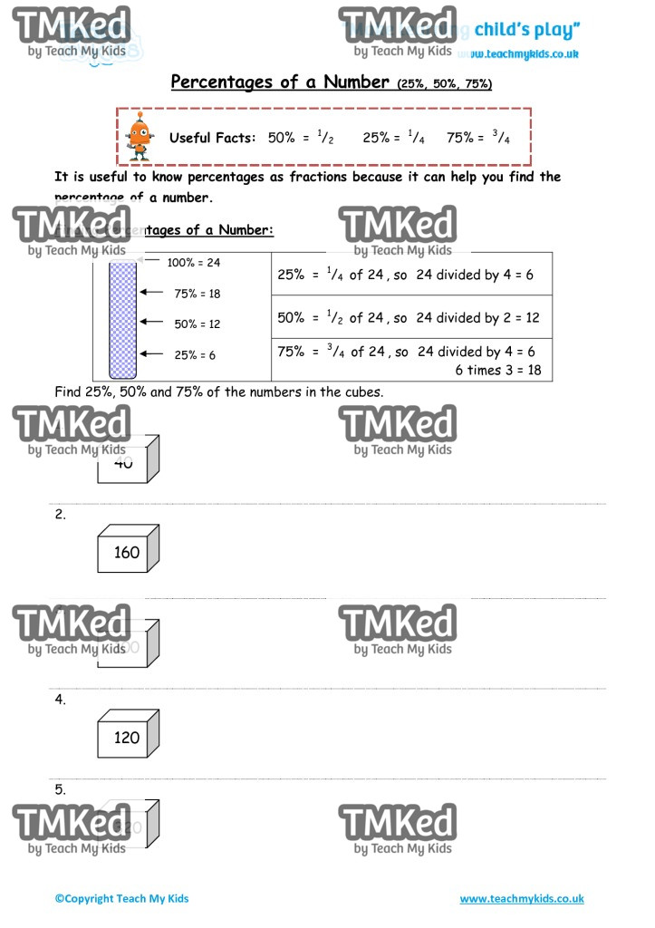 Worksheets for kids - percentages-of-a-number-25-50-75