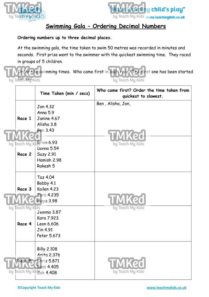 Worksheets for kids - swimming_gala_-_ordering_decimal_numbers