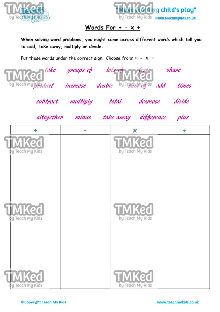 Worksheets for kids - words-for-+-x-