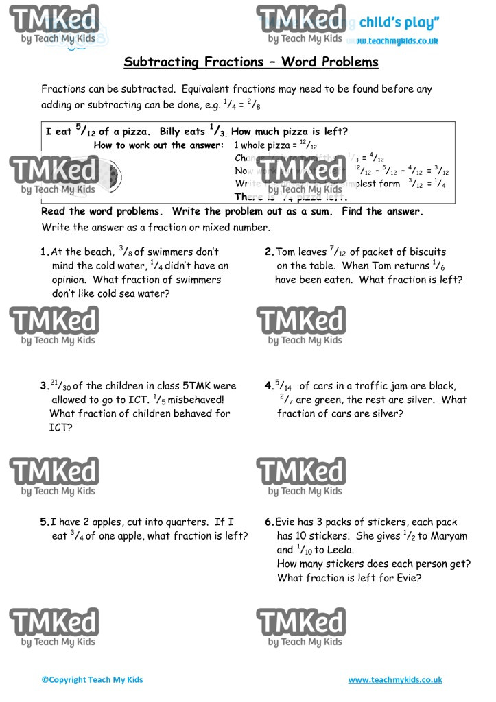 Worksheets for kids - subtracting fractions word problems