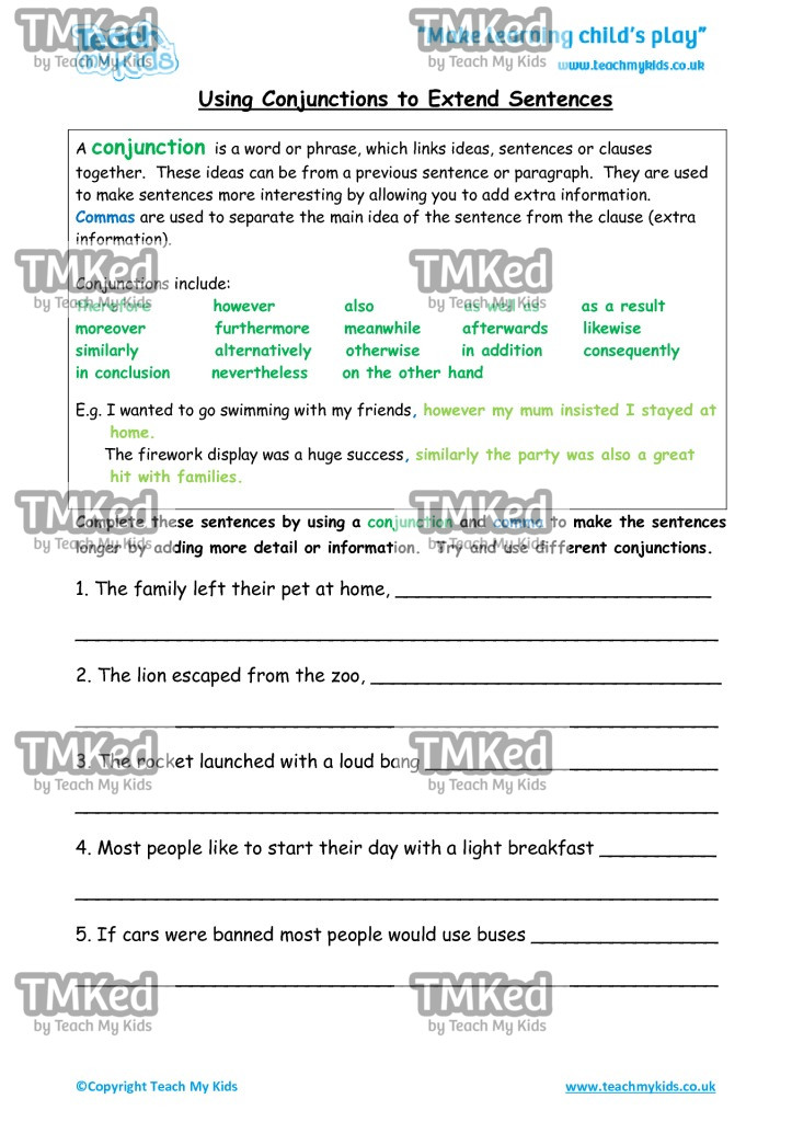 Worksheets for kids - Using-conjunctions-to-extend-sentences