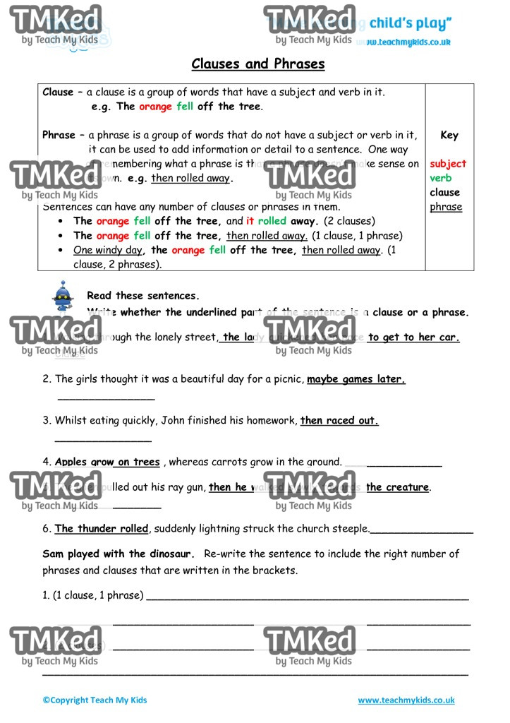 Worksheets for kids - clauses and phrases