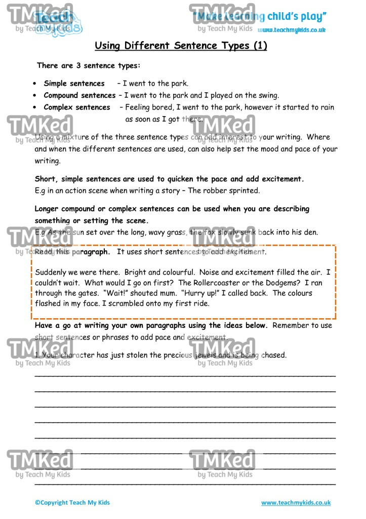 Worksheets for kids - using-different-sentence-types