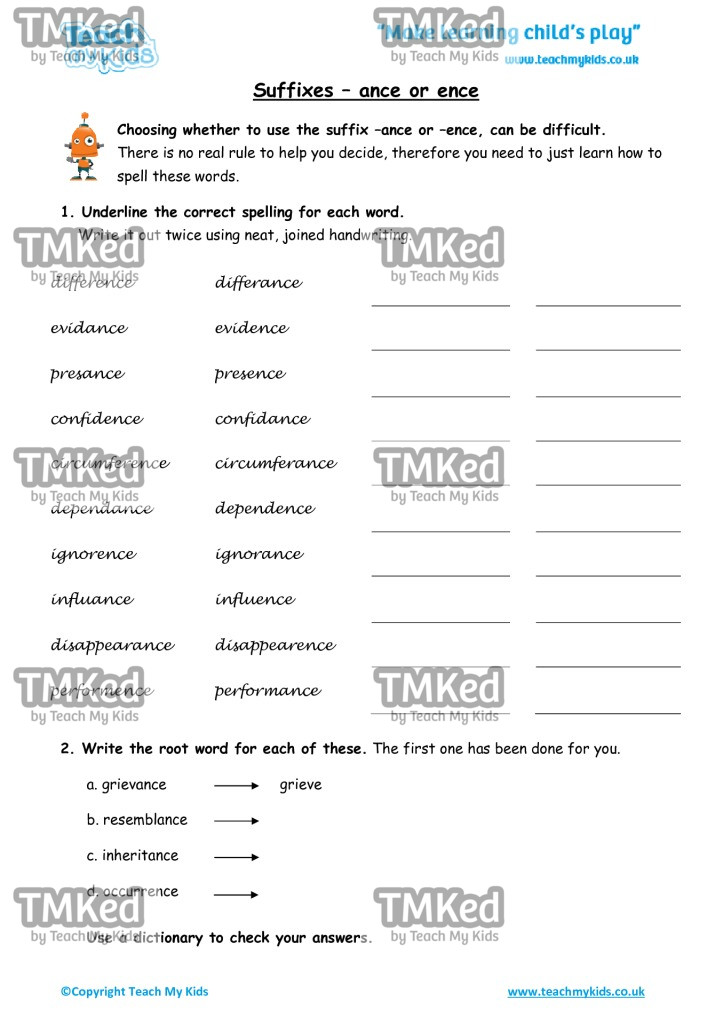 Worksheets for kids - suffixes-ance-or-ence