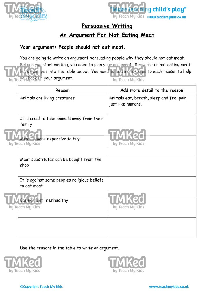 Worksheets for kids - arguement-for-not-eating-meat