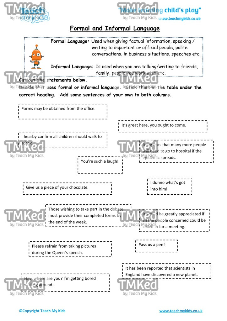 Worksheets for kids - formal-informal-language