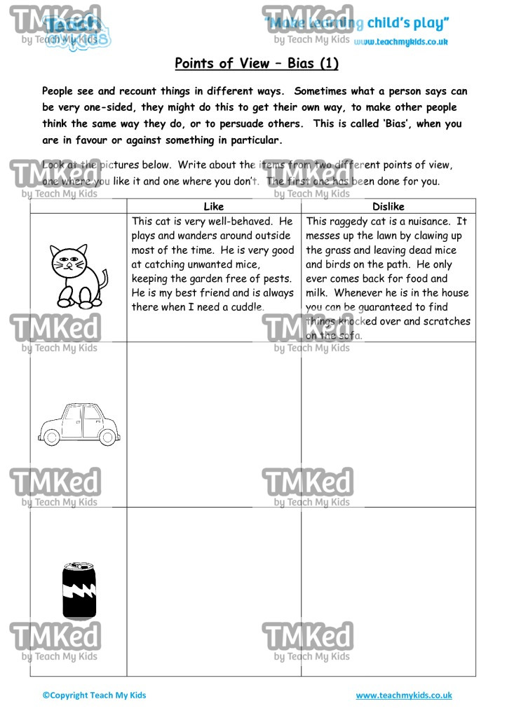 Worksheets for kids - points-of-view-bias-1