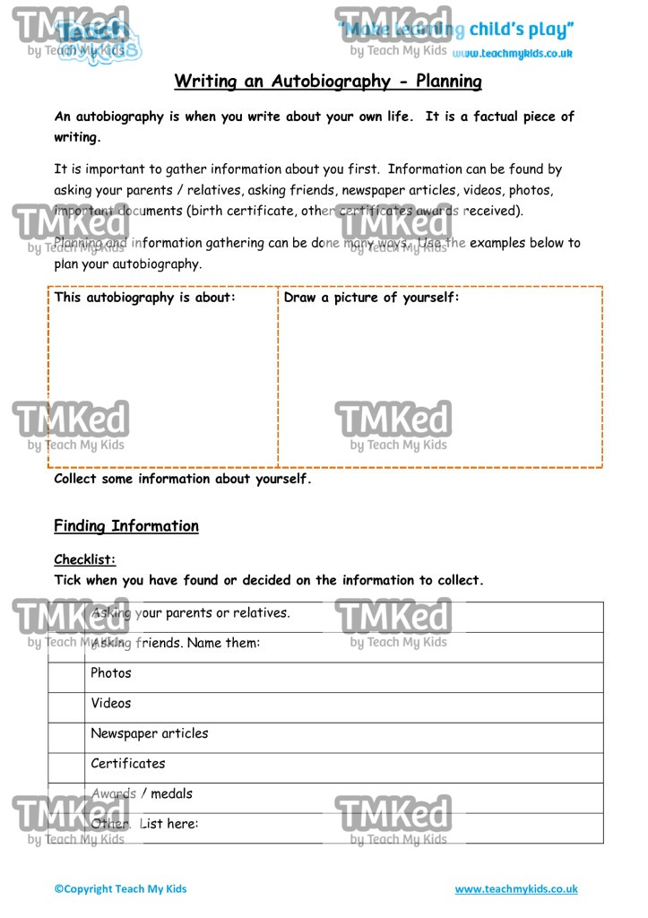 Worksheets for kids - writing-an-autobiography-planning