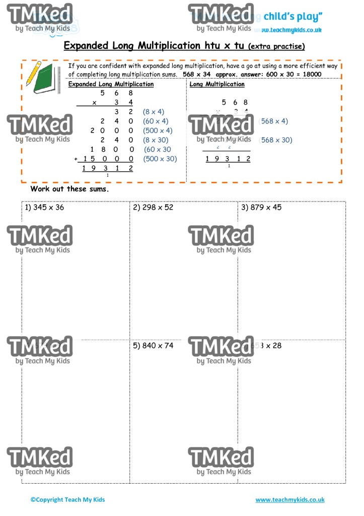 Worksheets for kids - expanded long multiplication – htu x tu extra practise