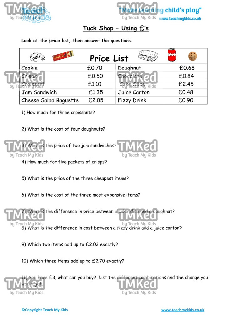 Worksheets for kids - tuck-shop-using-£