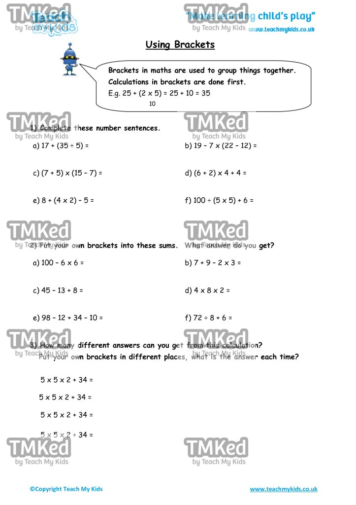 Worksheets for kids - using-brackets