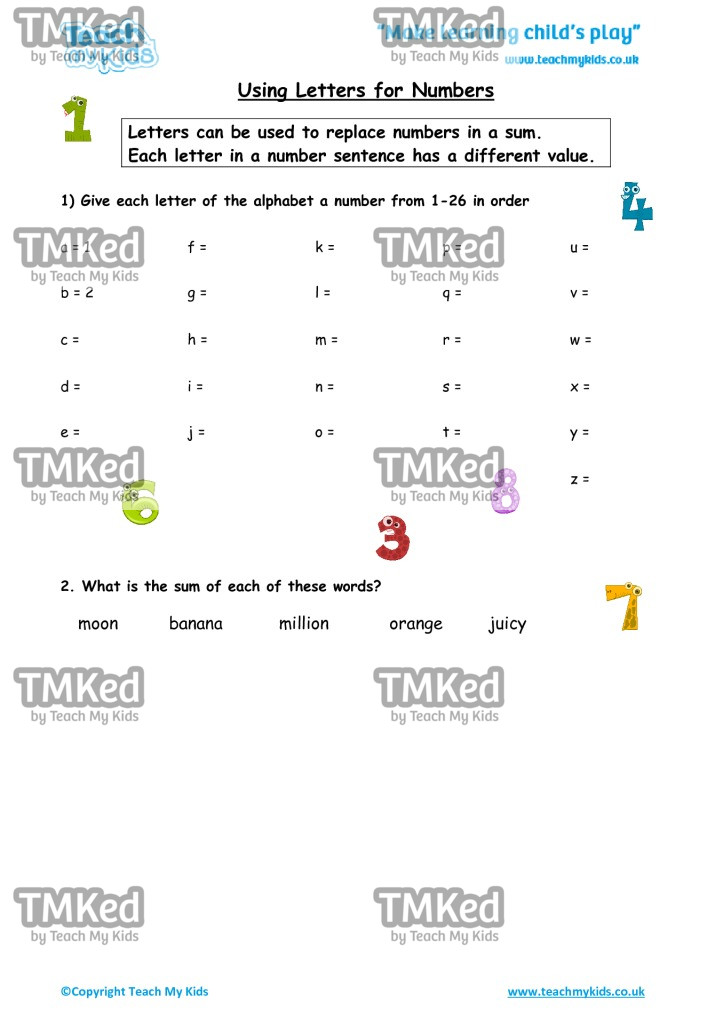 Worksheets for kids - using-letters-for-numbers