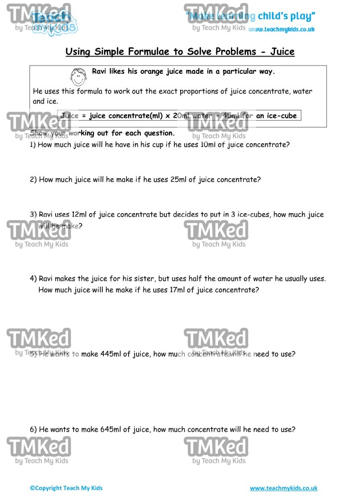 Worksheets for kids - using_simple_formulae_to_solve_problems_-_juice