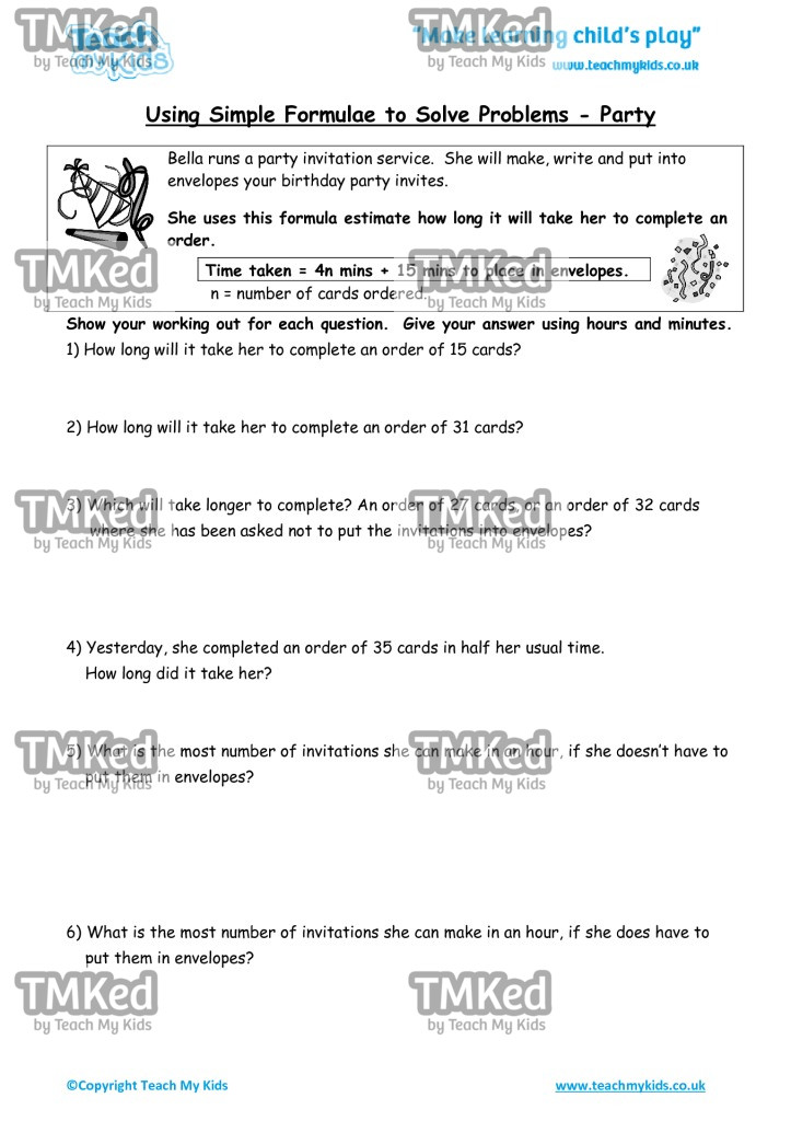Worksheets for kids - using_simple_formulae_to_solve_problems_-_party