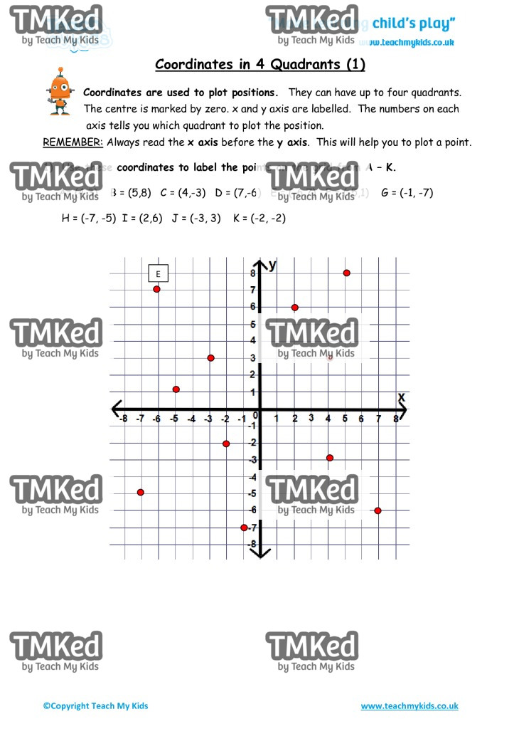 Worksheets for kids - coordinates-in-4-quadrants