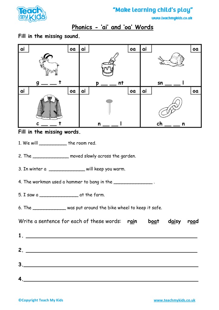 Phonics Ai And Oa Words Tmk Education