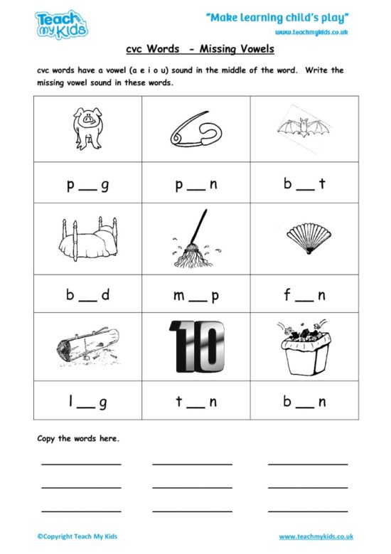 Worksheets for kids - cvc-words-missing-vowels