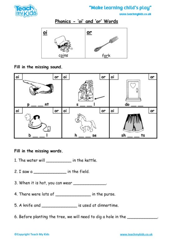 Worksheets for kids - oi-or-or-words