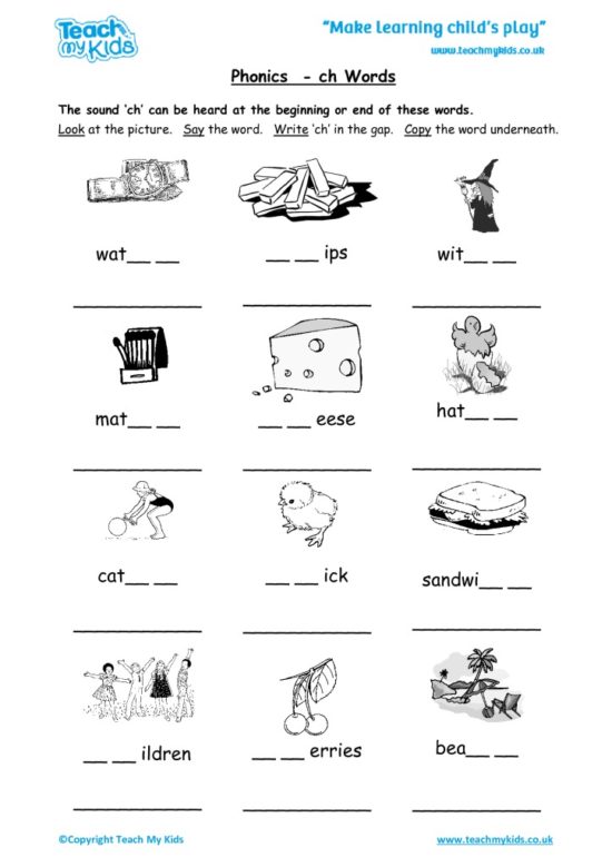 Worksheets for kids - phonics-ch-words