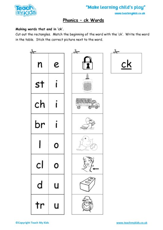 Worksheets for kids - phonics-ck-words