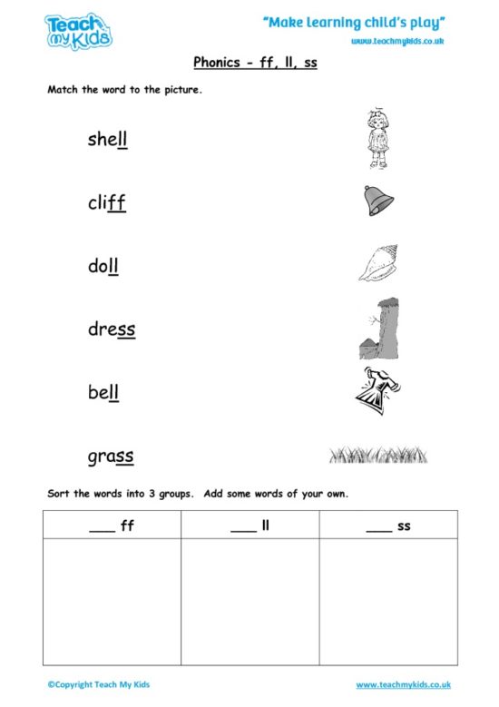Worksheets for kids - phonics-ff-ll-ss