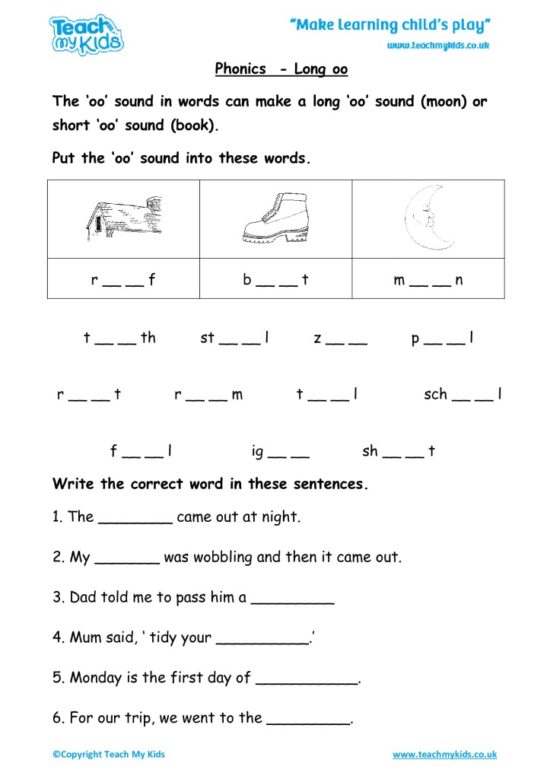 Worksheets for kids - phonics-long-oo