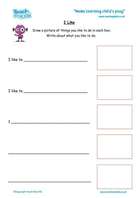 Worksheets for kids - Simple sentences – I Like