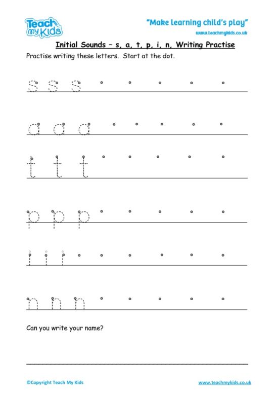 Worksheets for kids - initial sounds-satpin writing practise