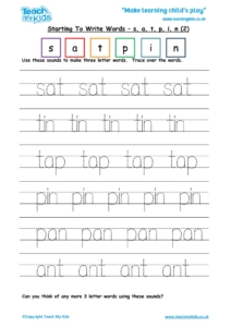 Worksheets for kids - starting to make words s a t p i n 2