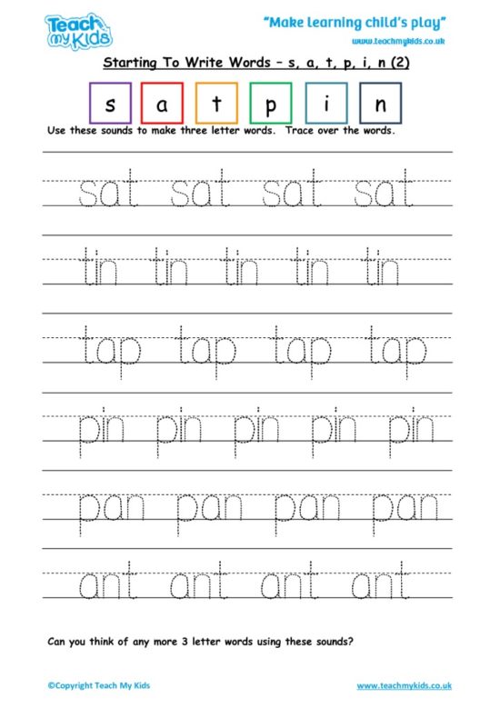 Worksheets for kids - starting to make words s a t p i n 2