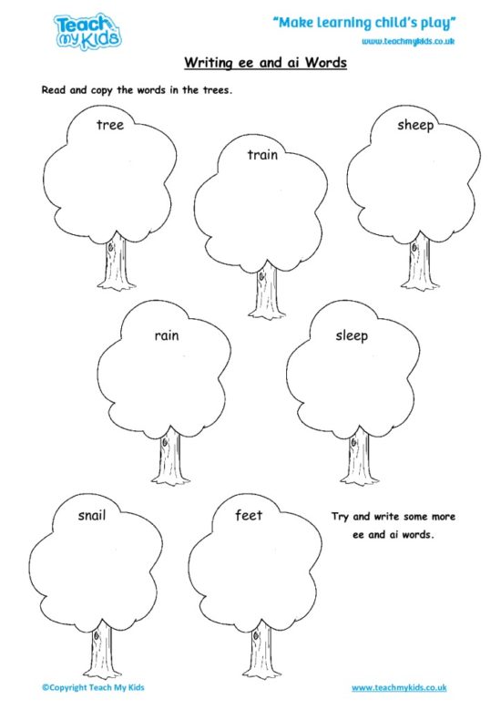 Worksheets for kids - writing ee and ai words