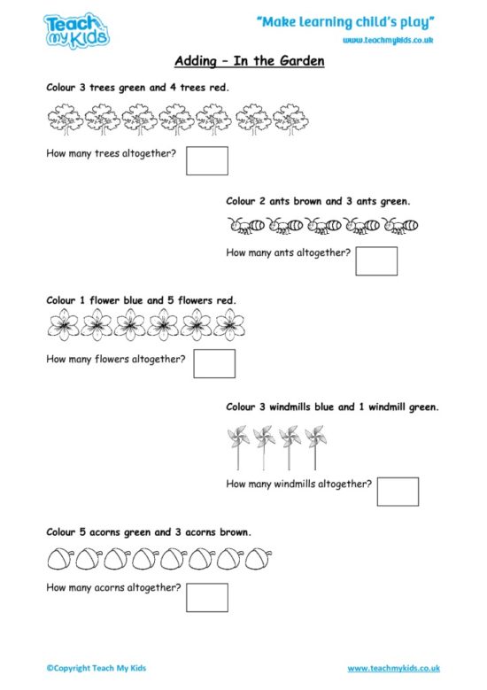 Worksheets for kids - adding-in-the-garden