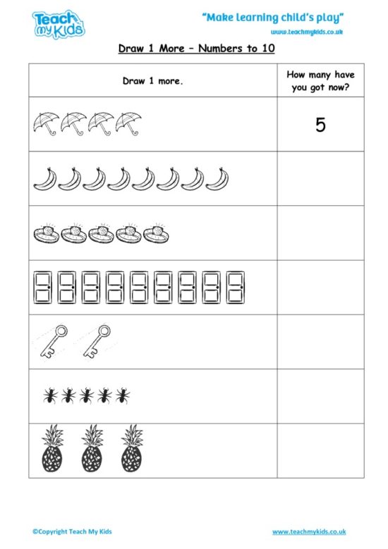 Worksheets for kids - draw-1-more-numbers-to-10