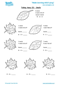 Worksheets for kids - taking-away-3-snails