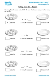 Worksheets for kids - taking-away-5-biscuits