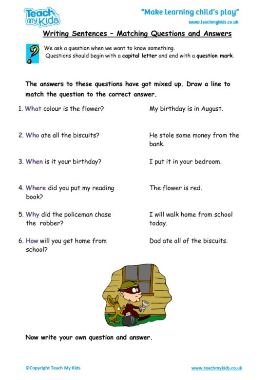Worksheets for kids - writing-sentences-matching-questions-to-answers