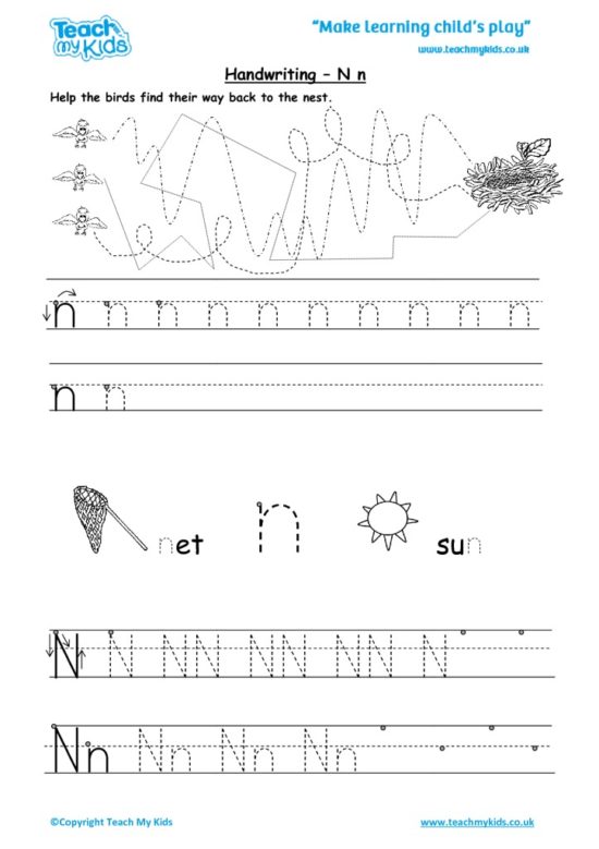 Worksheets for kids - handwriting Nn