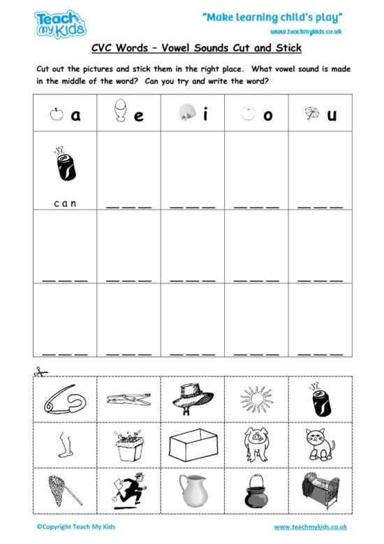 Worksheets for kids - cvc-words-vowel-sounds-cut-and-stick