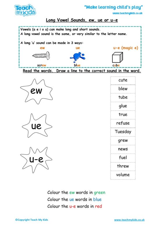 Worksheets for kids - long-vowel-sounds-ew-ue-u-e