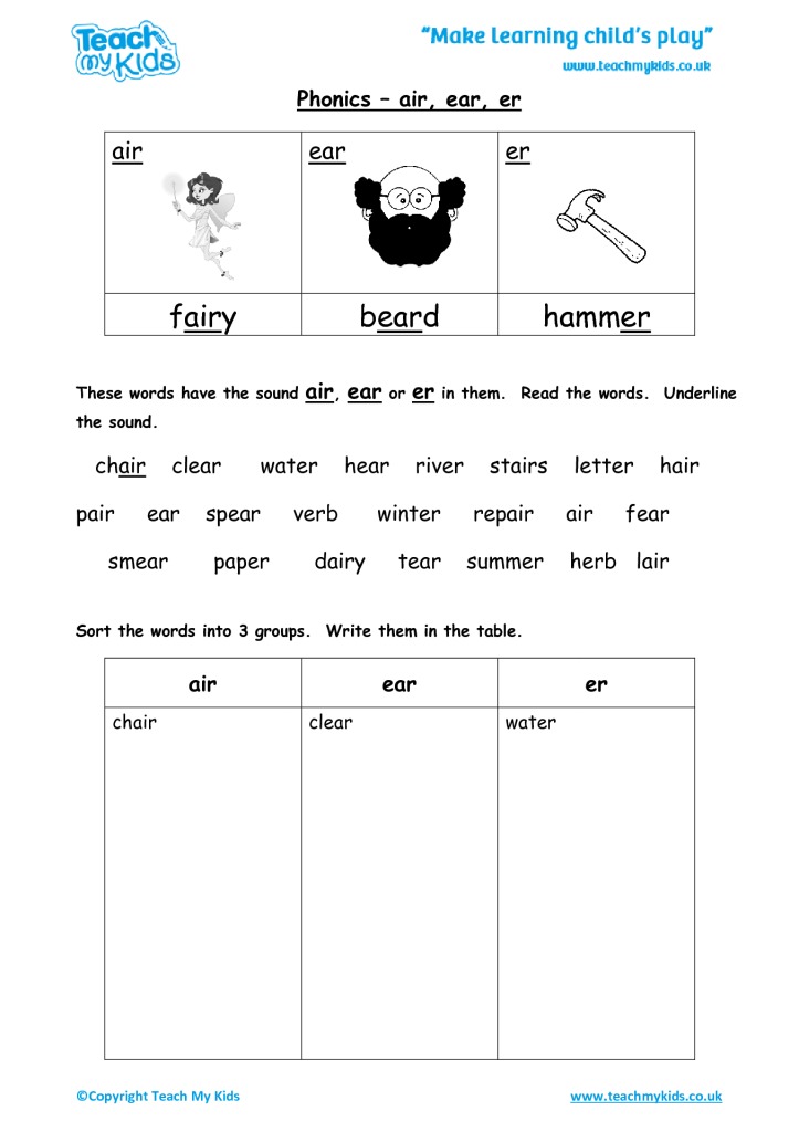 ai worksheet phonics TMK  er Phonics    Words Education ear, air,