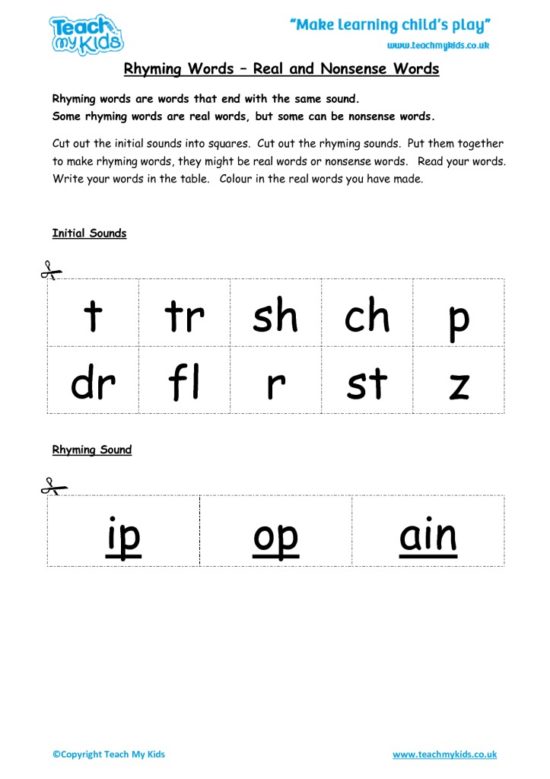 Worksheets for kids - rhyming-words-real-and-nonsense-words