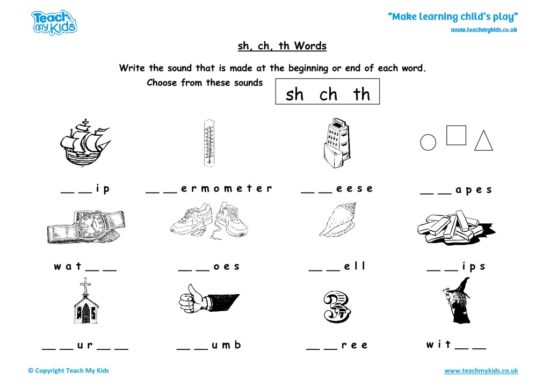 Worksheets for kids - sh-ch-th-words
