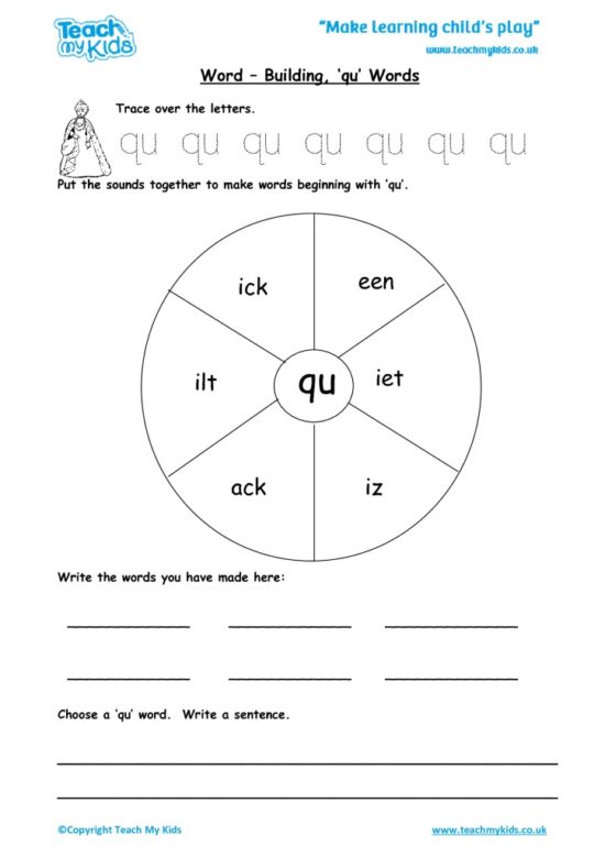 Worksheets for kids - word-building-qu-words