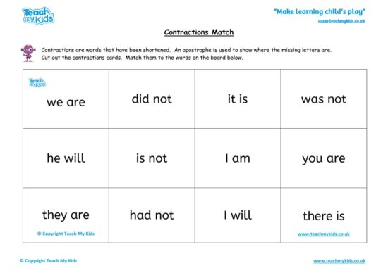 Worksheets for kids - reading – contractions match